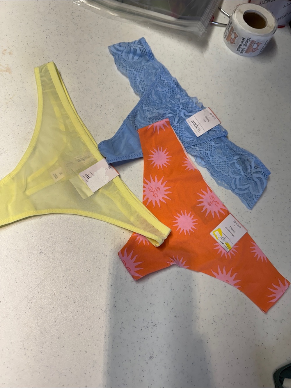 3-Auden XS Pack Bikini Thongs in Yellow, Blue Lace, and Orange Sunprint